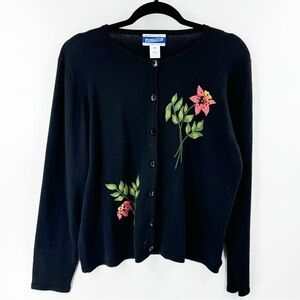 ✅ VINTAGE Pendleton BLACK FLORAL Embroidered BUTTON FRONT Cardigan SIZE‎ MEDIUM